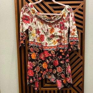 ECI Floral Off the Shoulder Shirt with Handkerchief Hem - Pink